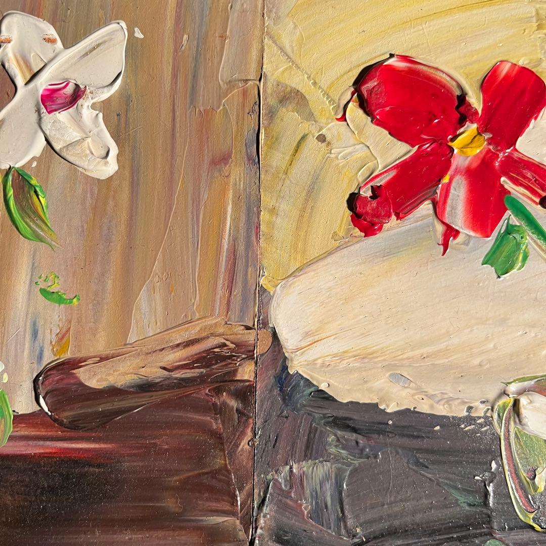 手書き油絵 ４色のお花 額付 絵画 インテリア 油彩画