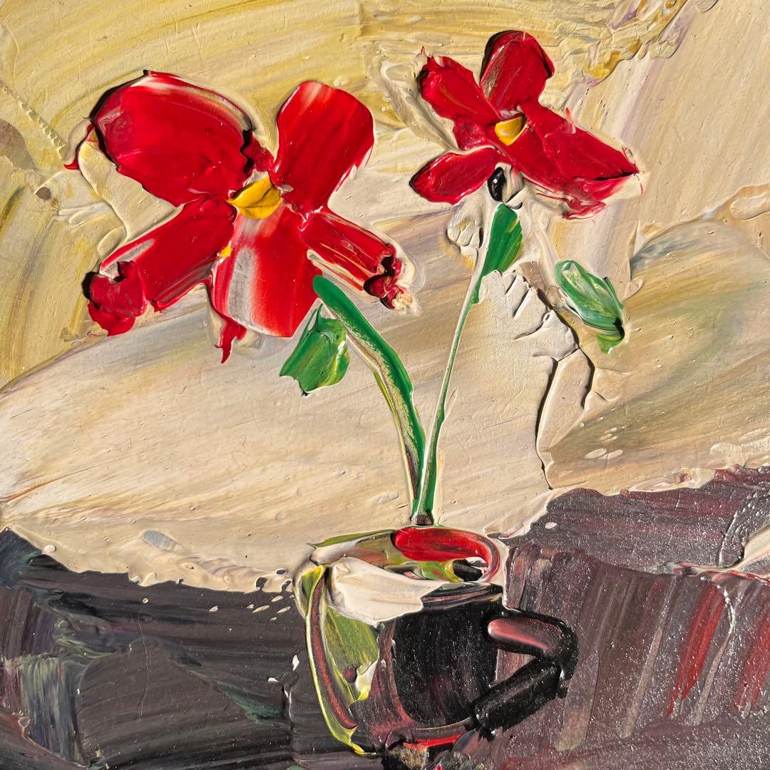 手書き油絵 ４色のお花 額付 絵画 インテリア 油彩画