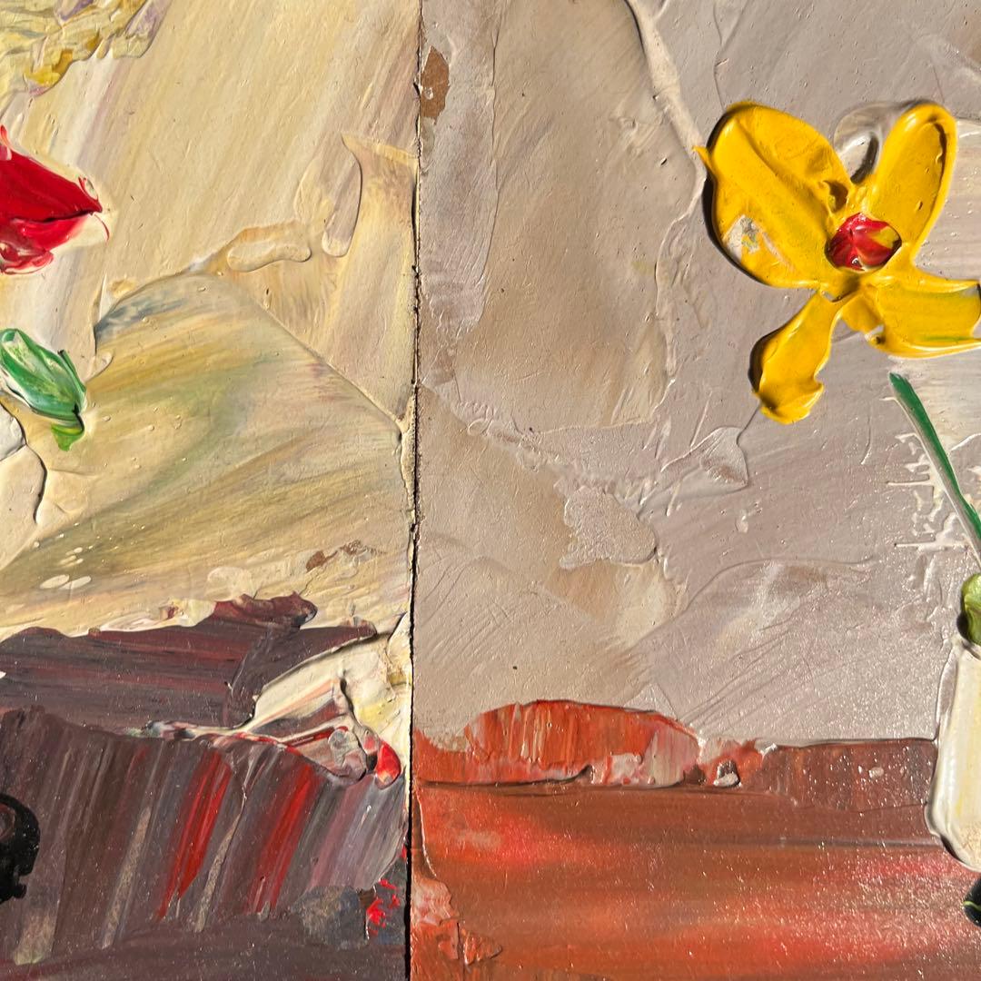 手書き油絵 ４色のお花 額付 絵画 インテリア 油彩画