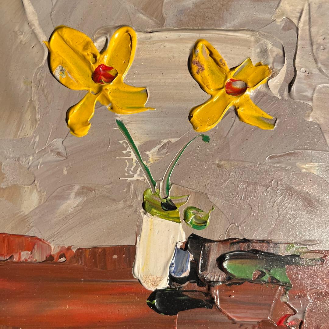 手書き油絵 ４色のお花 額付 絵画 インテリア 油彩画