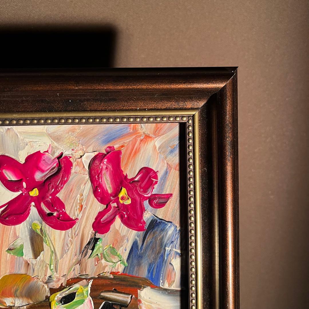 手書き油絵 ４色のお花 額付 絵画 インテリア 油彩画