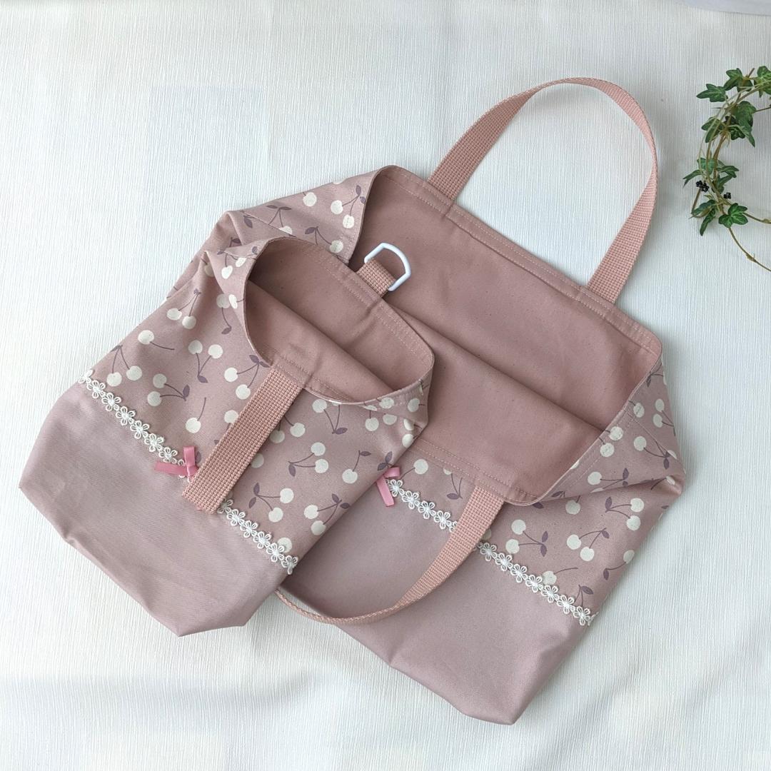 【完成品】チェリー柄ピンク×くすみピンク レースが可愛い入園入学6点セット