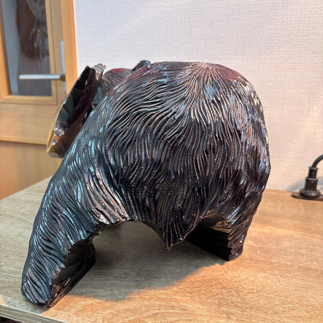 木製クマと魚の彫刻 約40cm