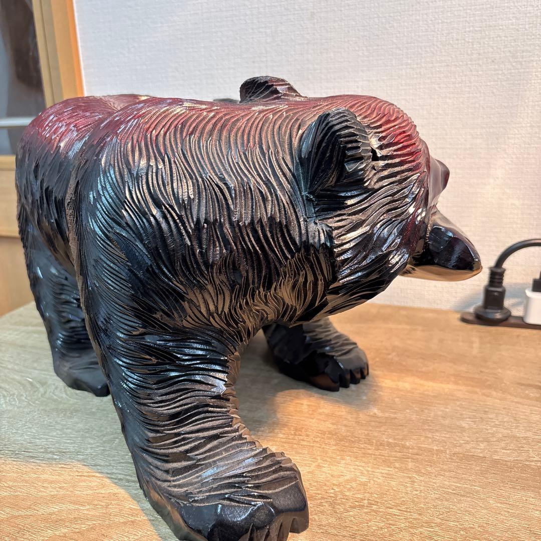 木製クマと魚の彫刻 約40cm