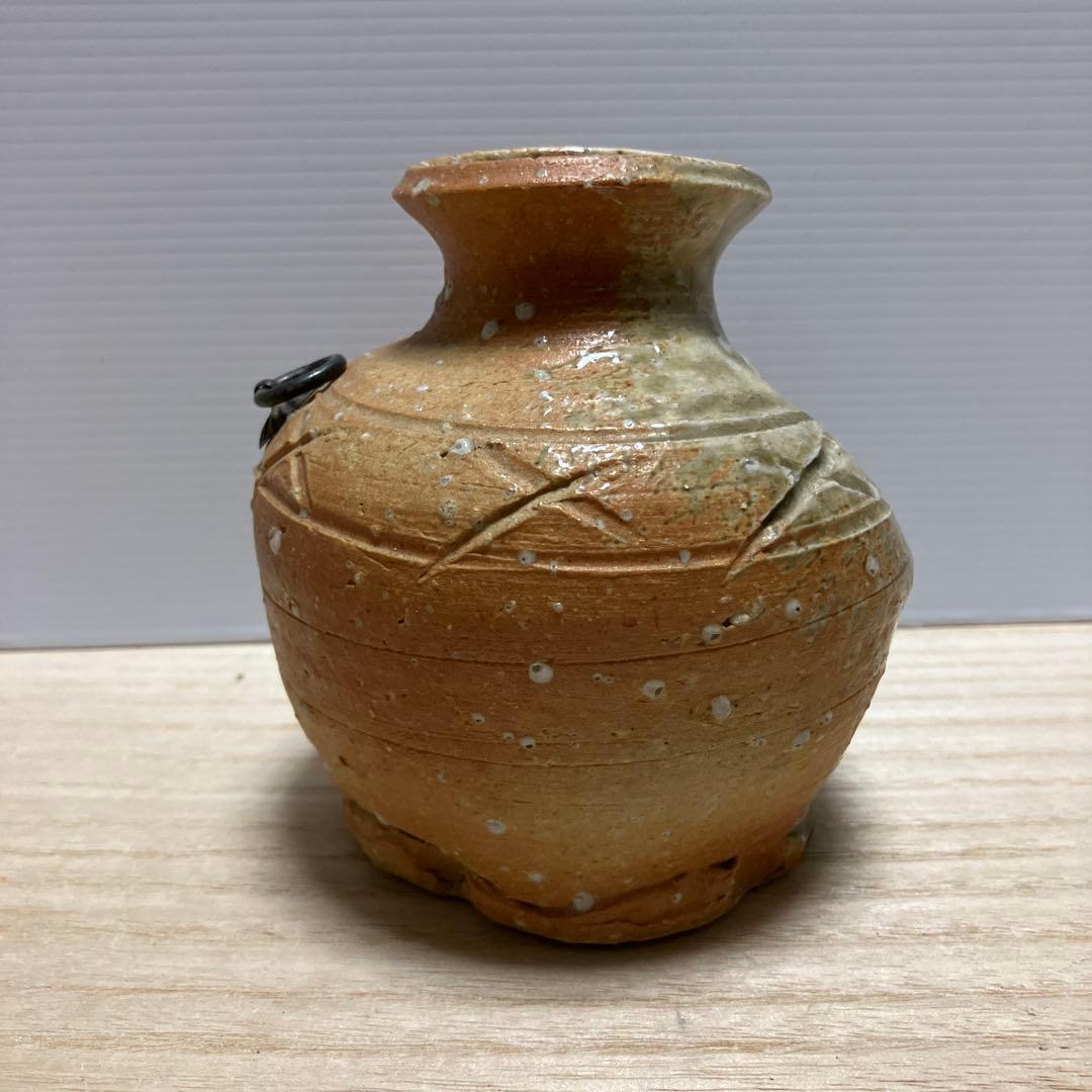 D-壁 備前焼 蹲 花入 陶印あり 環付 小壺 瓢箪印 骨董 花瓶 茶道具