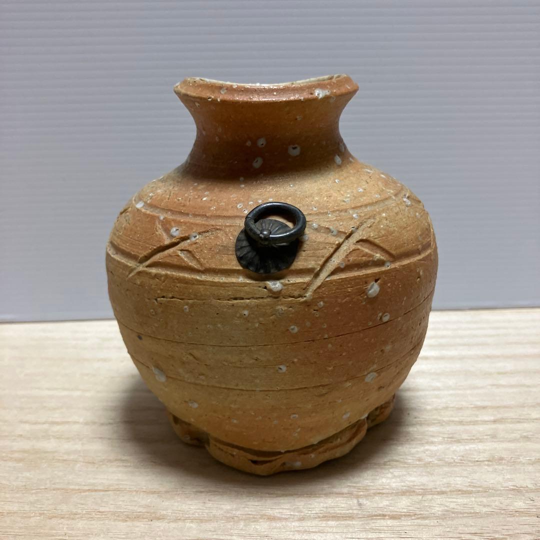 D-壁 備前焼 蹲 花入 陶印あり 環付 小壺 瓢箪印 骨董 花瓶 茶道具
