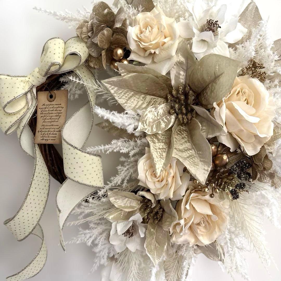 akane＊フラワーリース＊　特大　玄関リース　クリスマスリース　ゴールド