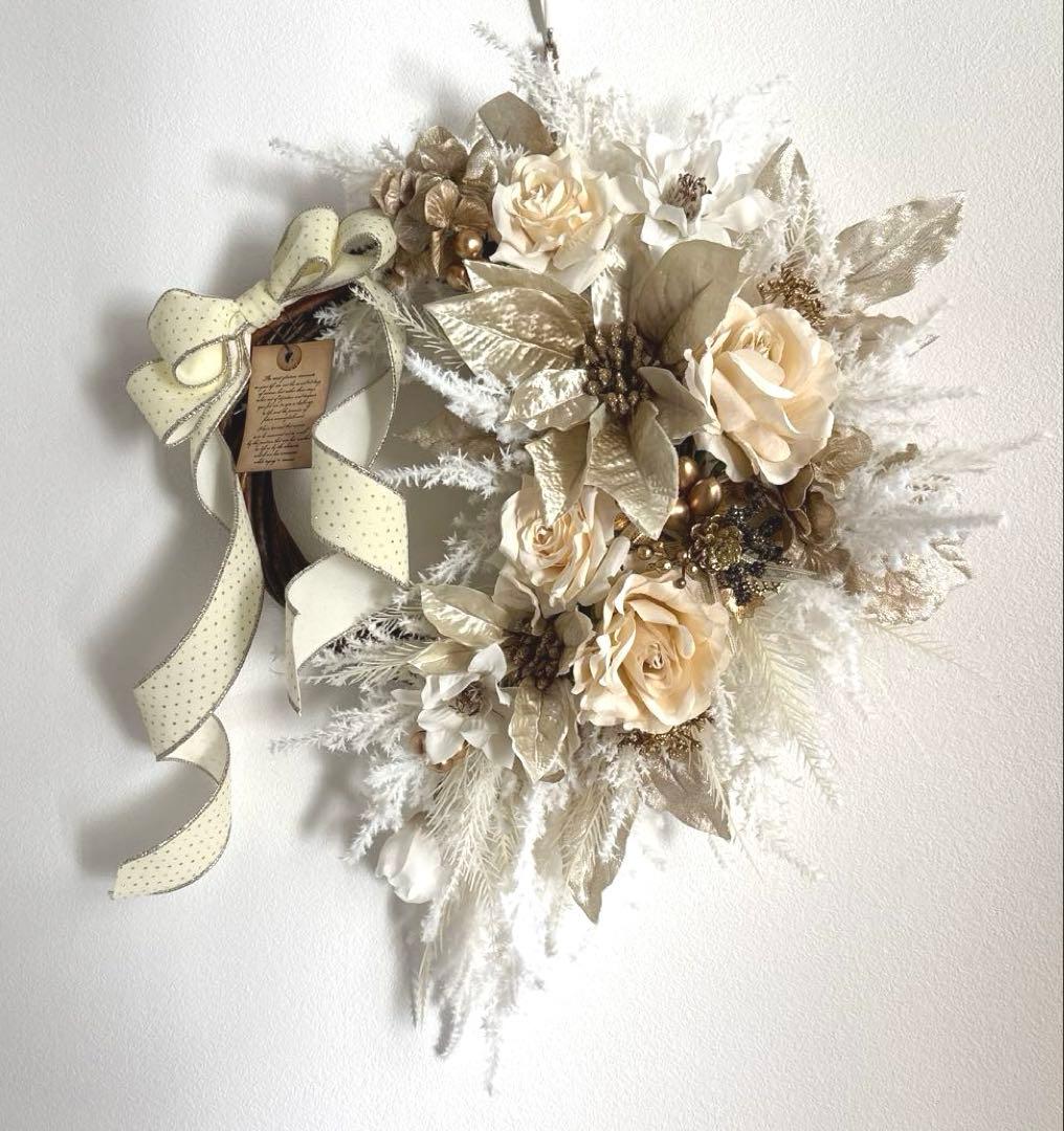 akane＊フラワーリース＊　特大　玄関リース　クリスマスリース　ゴールド