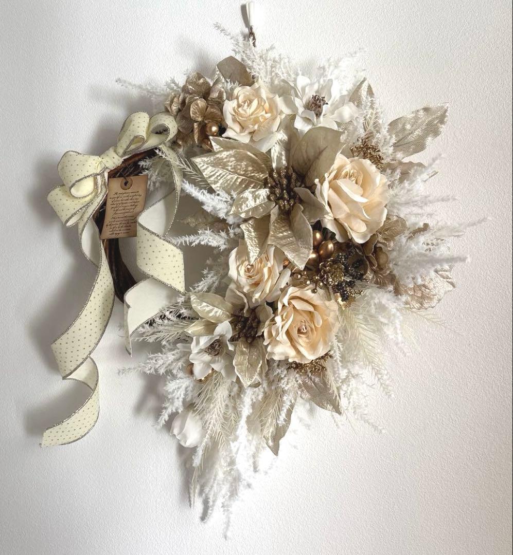 akane＊フラワーリース＊　特大　玄関リース　クリスマスリース　ゴールド