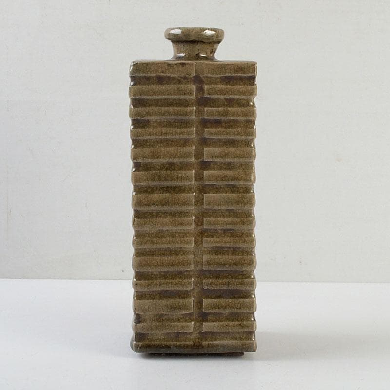 備前焼　古備前　虫明窯　青磁算木形花入　花瓶　共箱　C　9383