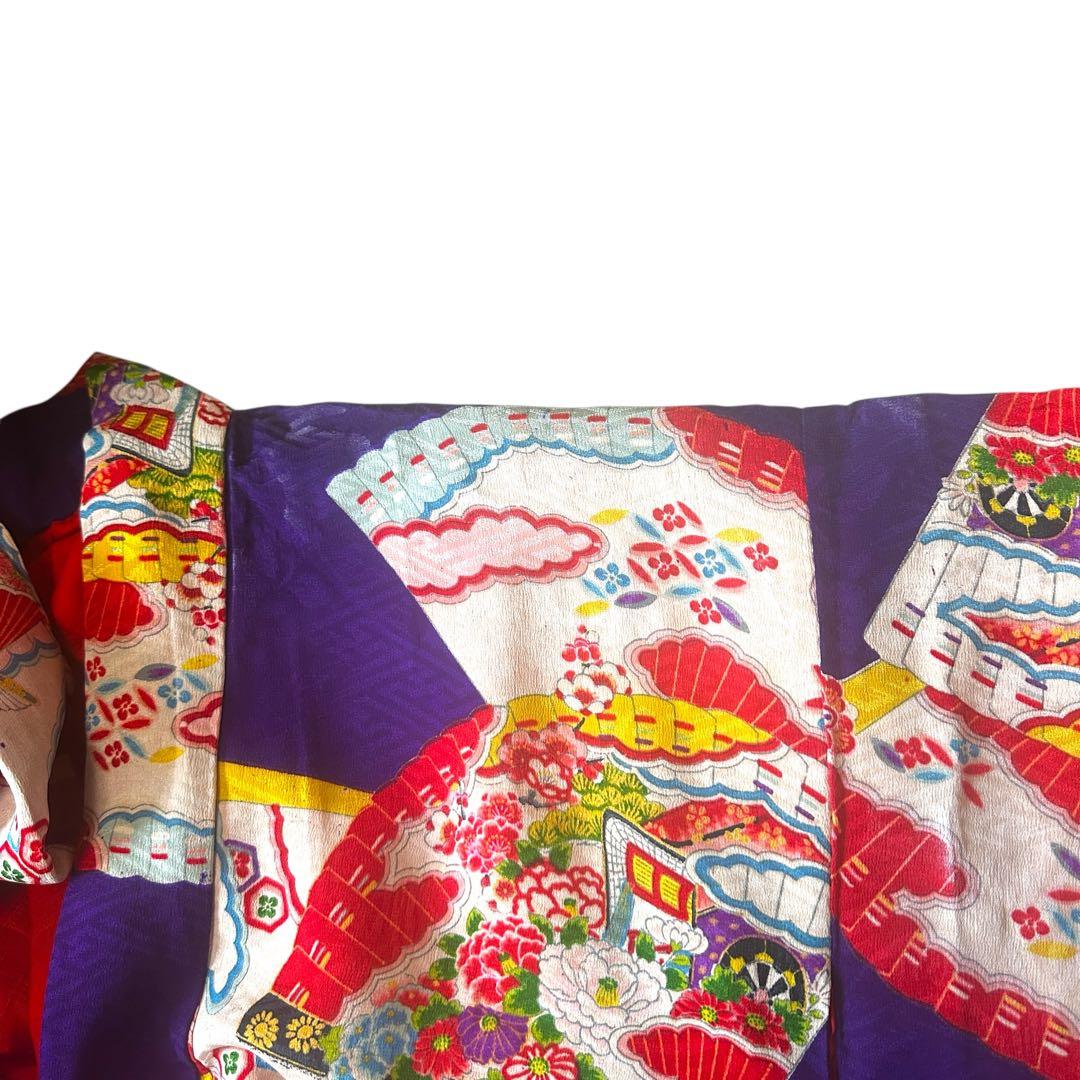 七五三 七歳 女の子 アンティーク着物 紫地 扇柄 写真撮影・舞台衣装向き