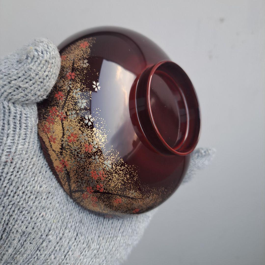 【越前漆器　煮物椀×5客】天然木製　　溜塗　金彩\"桜吹雪蒔絵　長期保管品