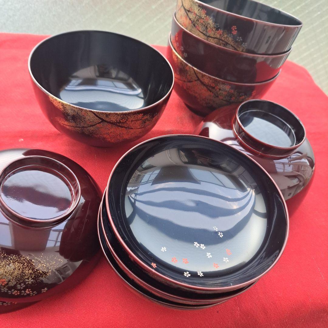 【越前漆器　煮物椀×5客】天然木製　　溜塗　金彩\"桜吹雪蒔絵　長期保管品