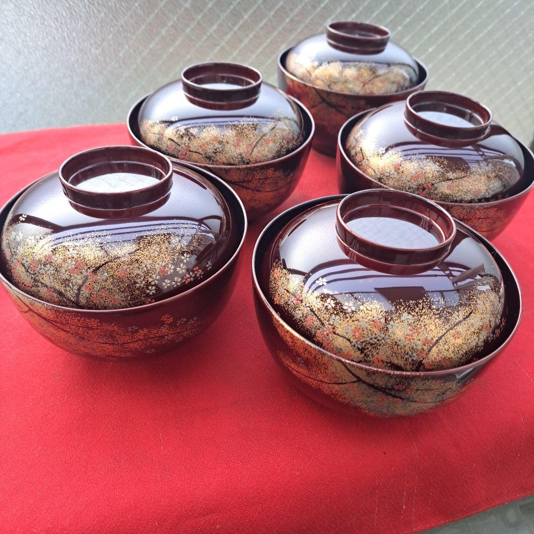 【越前漆器　煮物椀×5客】天然木製　　溜塗　金彩\"桜吹雪蒔絵　長期保管品