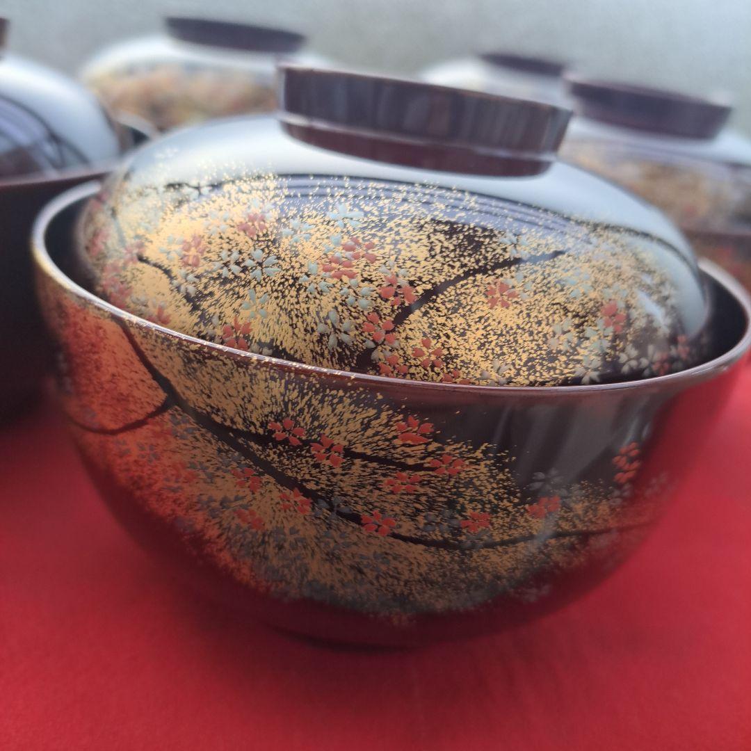 【越前漆器　煮物椀×5客】天然木製　　溜塗　金彩\"桜吹雪蒔絵　長期保管品