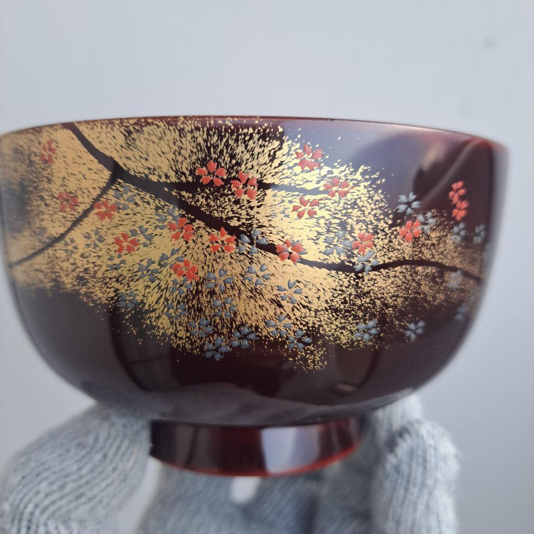【越前漆器　煮物椀×5客】天然木製　　溜塗　金彩\"桜吹雪蒔絵　長期保管品