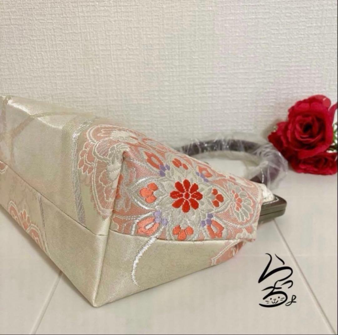 帯リメイク 華文 持ち手付きがま口バッグ