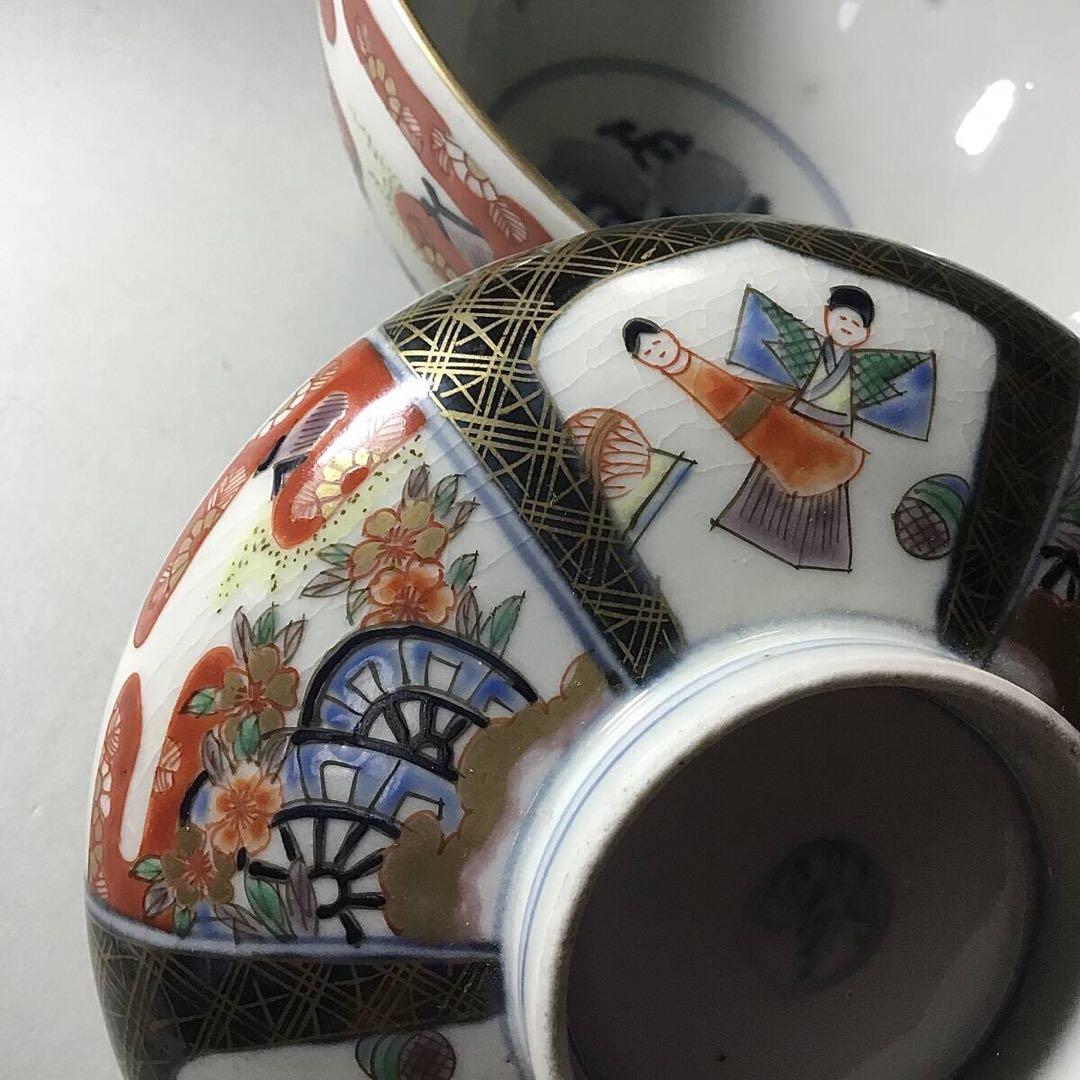 古伊万里◆雛人形文 / 蓋茶碗１客◆明治 染錦 立ち雛 雛道具 和食器