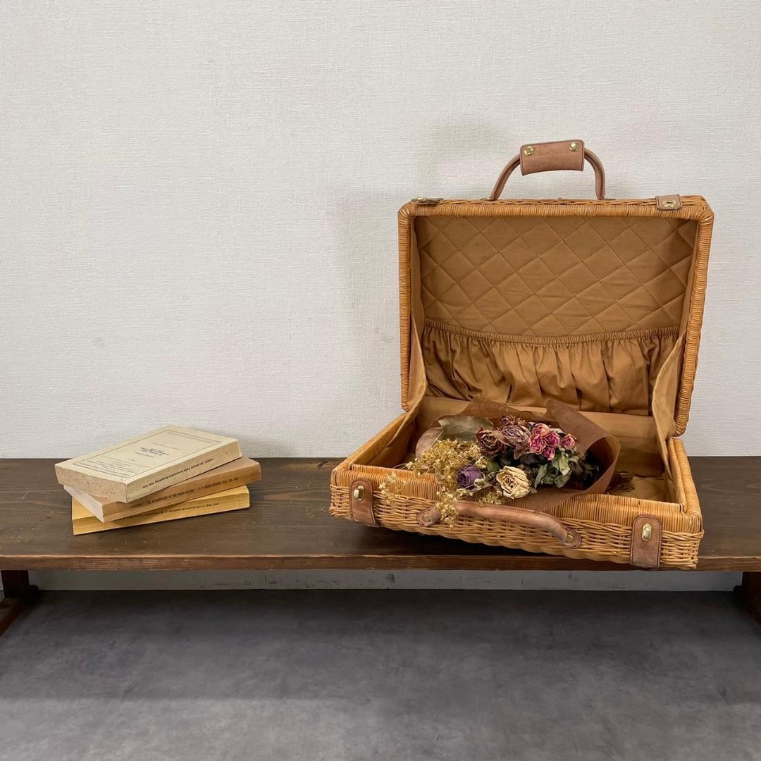 ヴィンテージ ラタン トランク レザー 本革 籐 バスケット レトロ ナチュラル