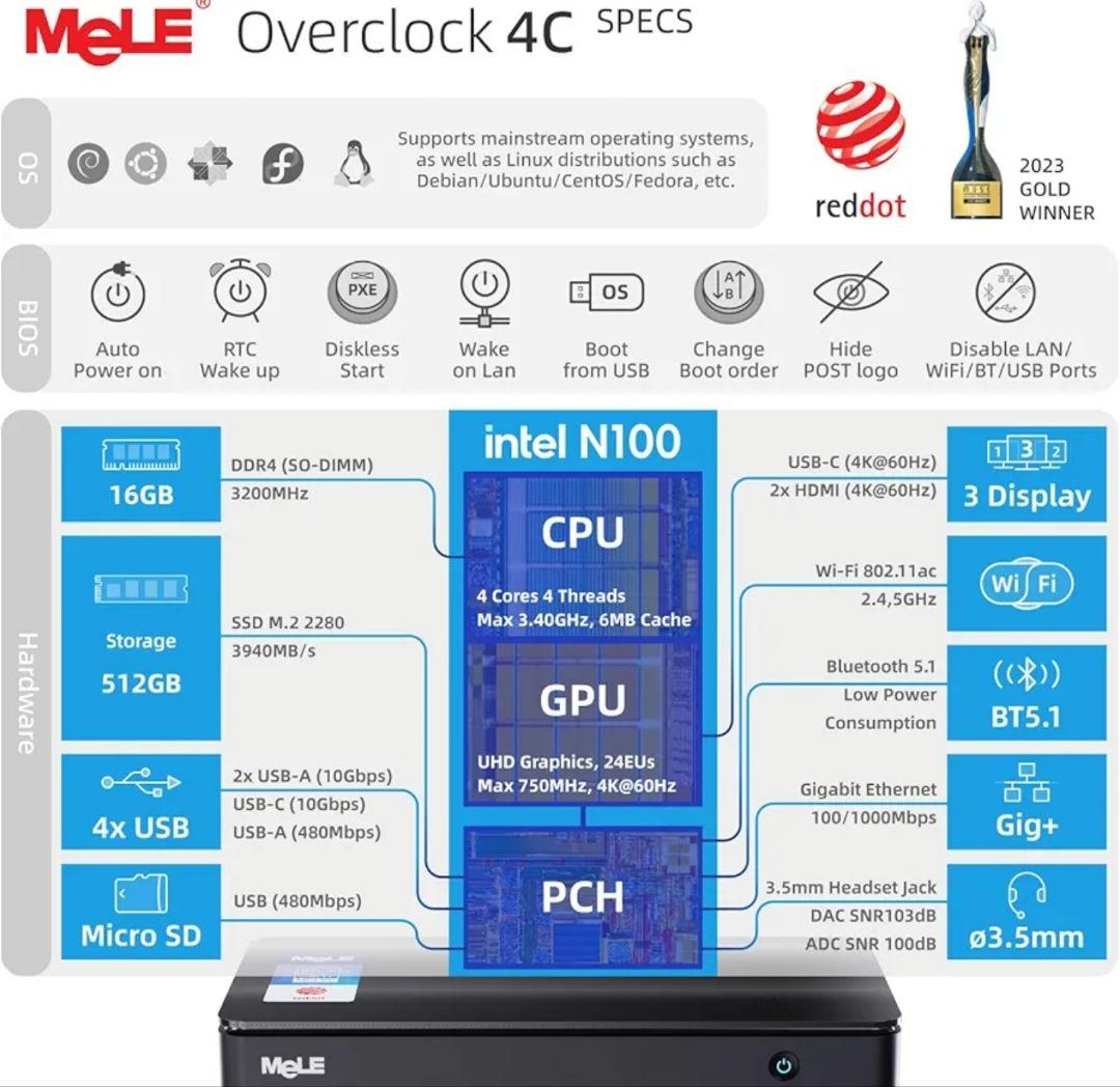 MeLE Mini PC Overclock4C｜N100/16GB/512GB