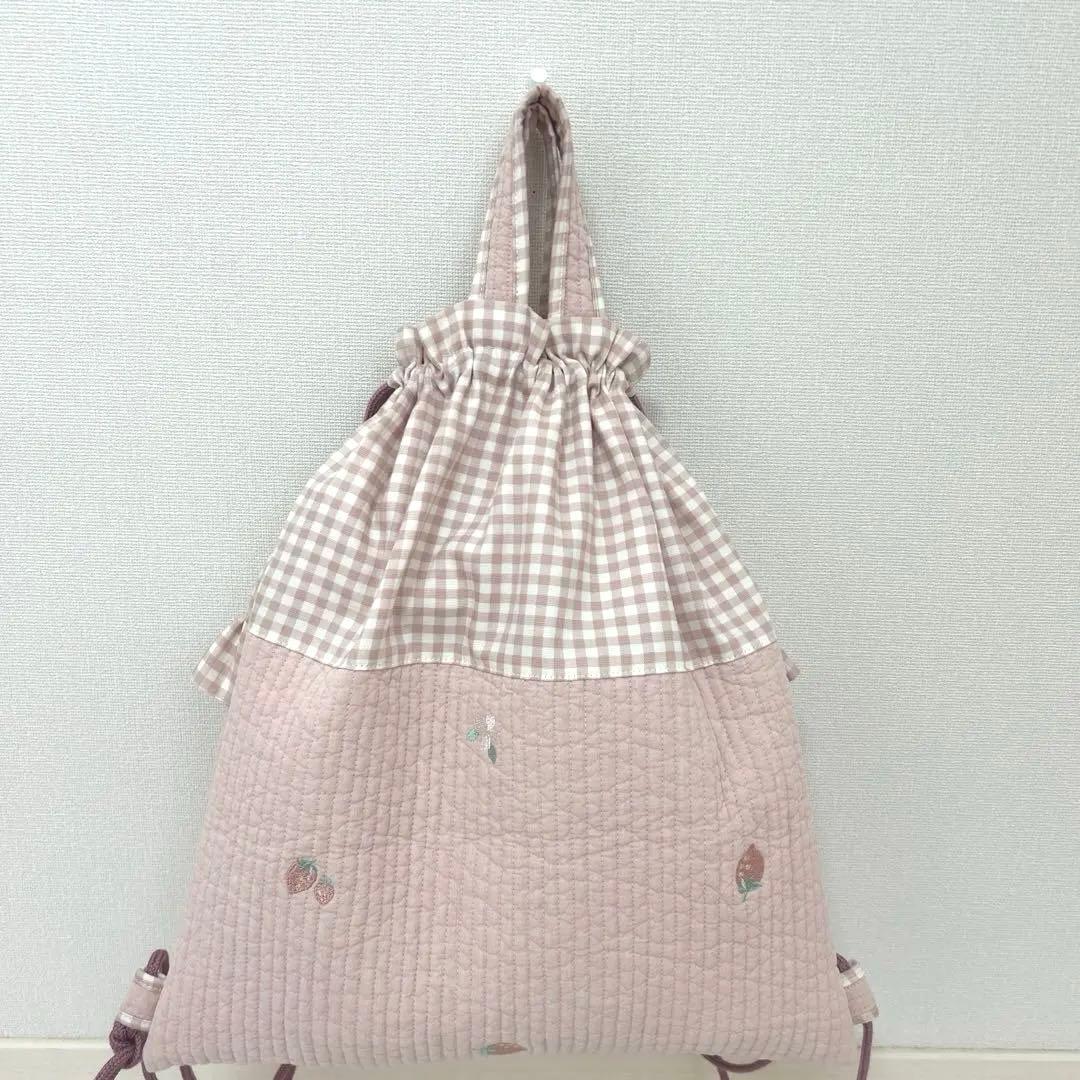 入園入学3点セット　【いちごピンクヌビ×くすみピンクチェック】　女の子　手提げ