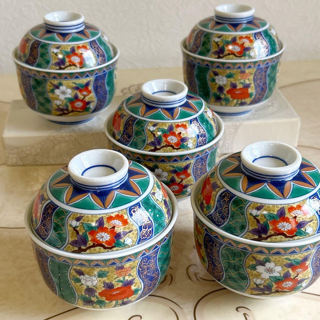 有田焼　南山窯　蓋付き碗揃　5客セット　茶碗蒸し器　小丼　金彩古伊万里　和食器