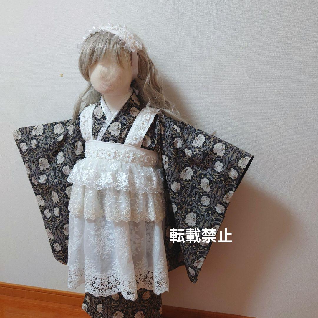 選べる被布　レースたっぷり被布or被布エプロンとピンパネルブラック着物　３歳