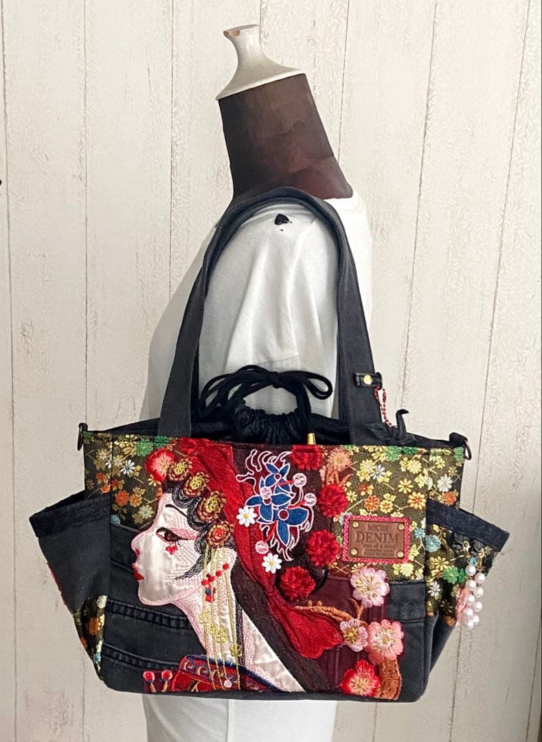 デニムリメイクバッグM 金蘭×デニム　和柄