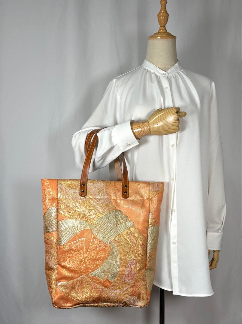 帯バッグリメイク　794番　本革持ち手　たっぷり縦長トート