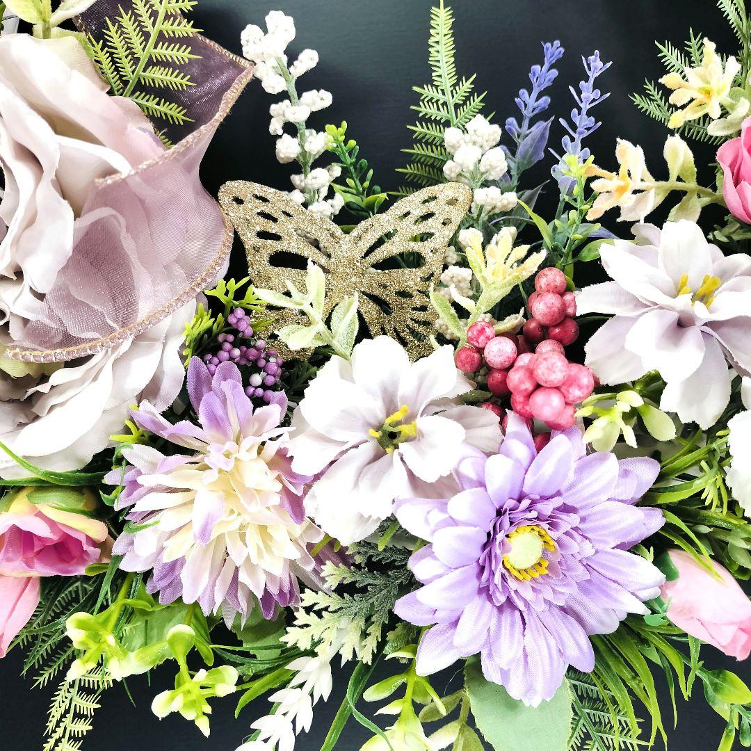 商品名【萌瑠】ピンク&パープル♥ローズ&ガーベラ&ジニアの 春リース　玄関リース