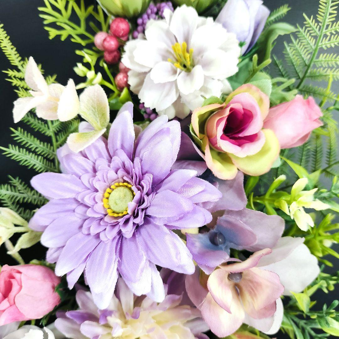 商品名【萌瑠】ピンク&パープル♥ローズ&ガーベラ&ジニアの 春リース　玄関リース