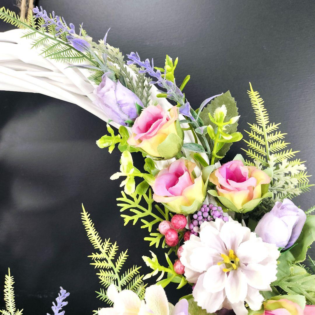 商品名【萌瑠】ピンク&パープル♥ローズ&ガーベラ&ジニアの 春リース　玄関リース