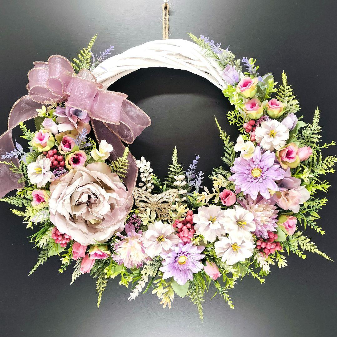商品名【萌瑠】ピンク&パープル♥ローズ&ガーベラ&ジニアの 春リース　玄関リース