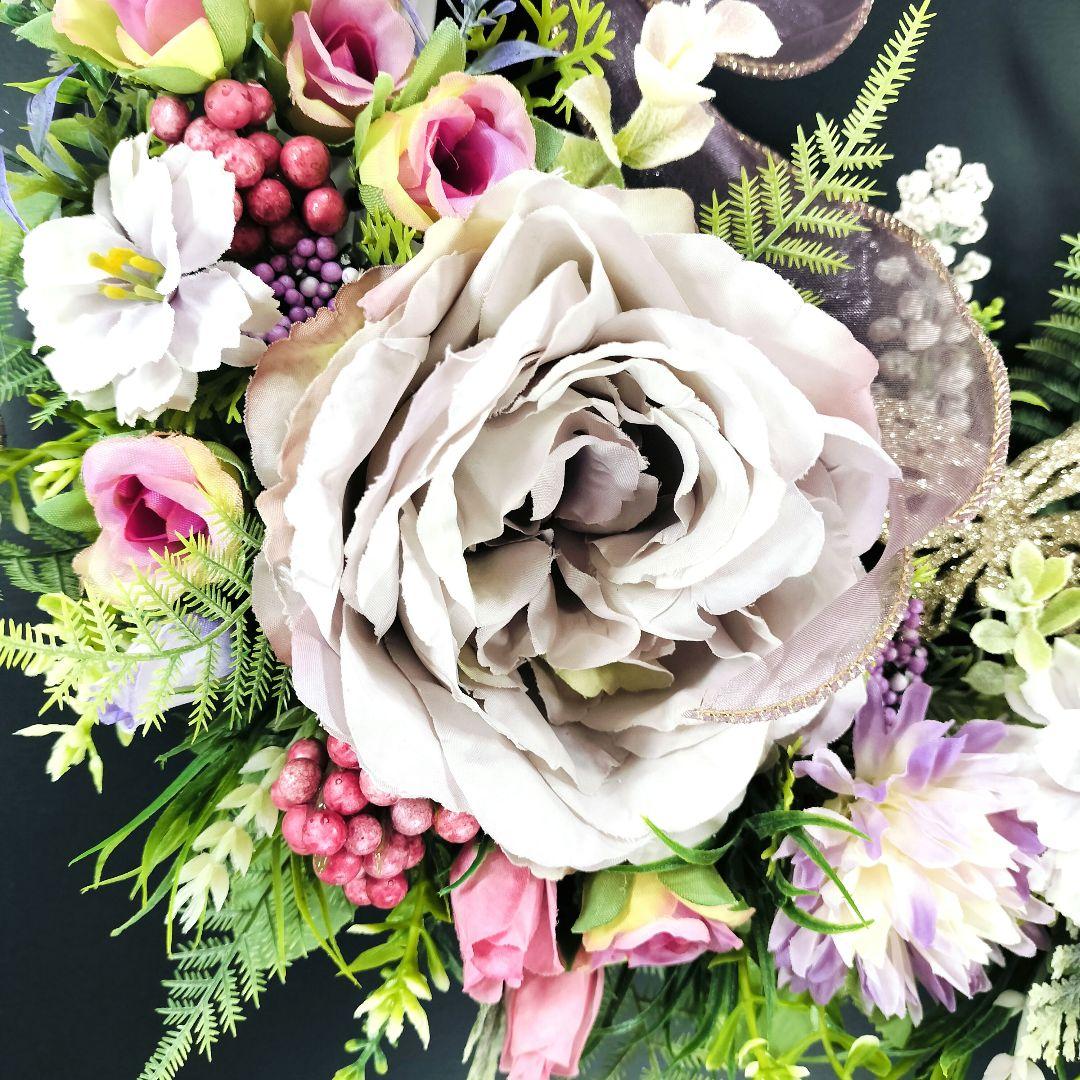 商品名【萌瑠】ピンク&パープル♥ローズ&ガーベラ&ジニアの 春リース　玄関リース