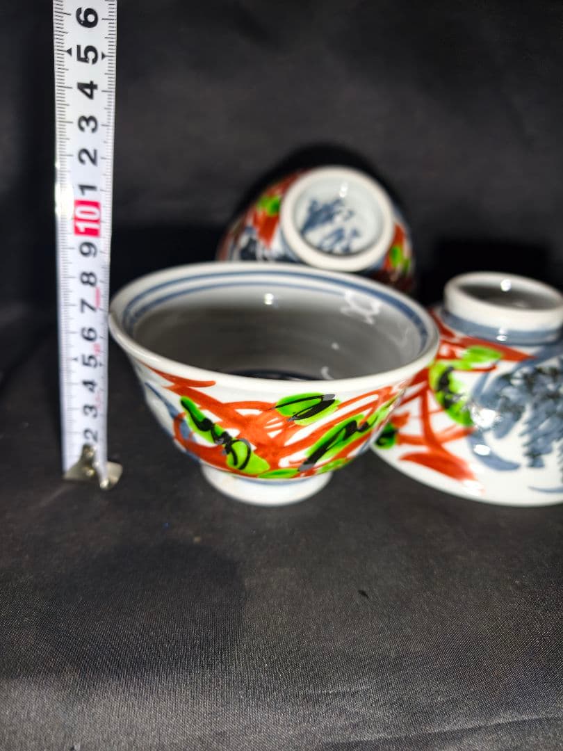 陶芸家梅田純一作品 赤絵手描き 茶碗3客揃い 共箱 蒐集家放出美品 未使用蔵出