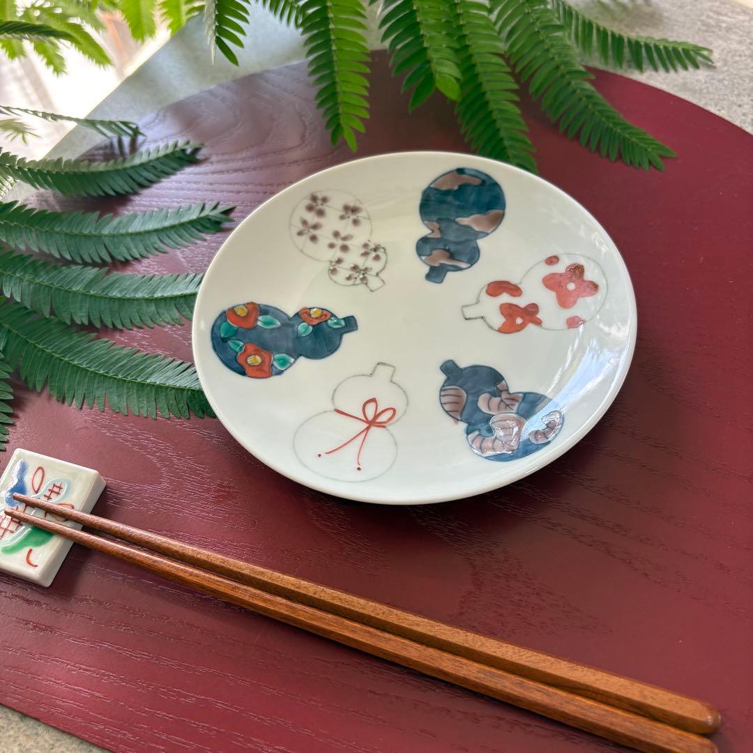 六瓢箪皿　５枚　有田焼　徳七窯　ひょうたん　丸皿　取り皿　銘々皿　和食器　手描き