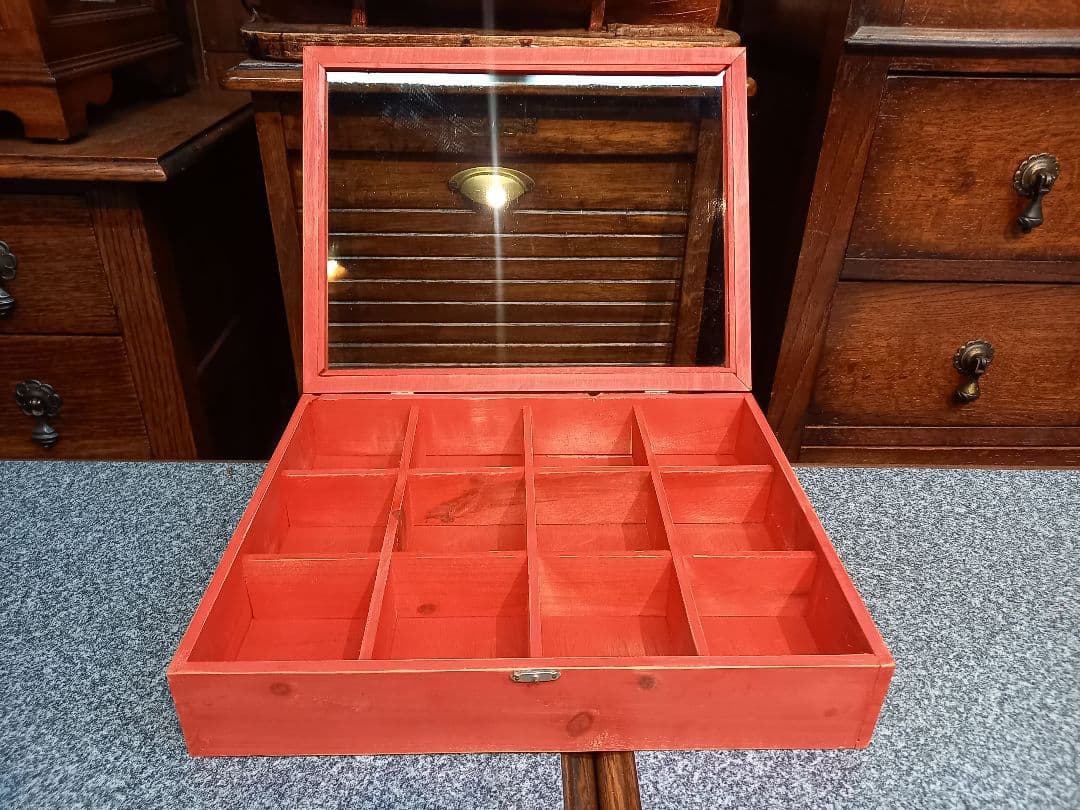 1980's　ヴィンテージ　硝子扉　レッド　ディスプレイ　ウッド　ケース　木箱