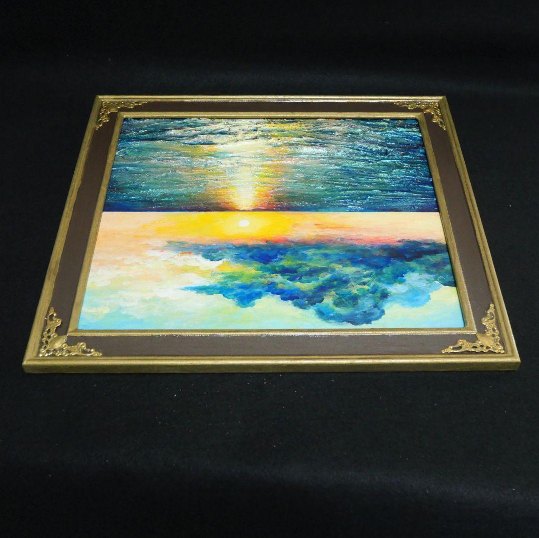 油絵 原画「Sea at Dusk」夕暮れの海 額縁付 絵画 贈り物 インテリア