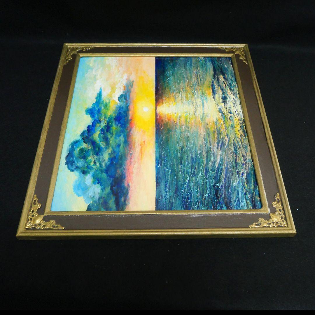 油絵 原画「Sea at Dusk」夕暮れの海 額縁付 絵画 贈り物 インテリア