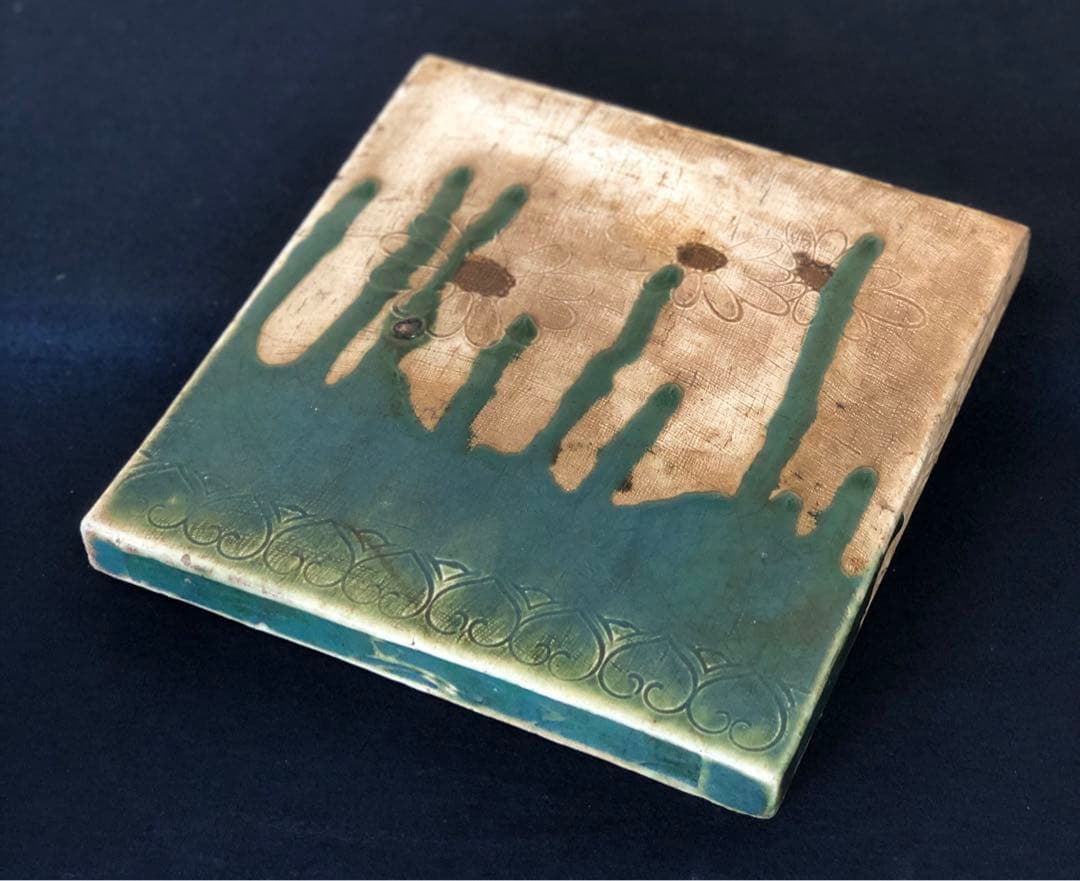 《R》茶道具 織部 敷板 陶板 桃山 木箱　260316A2