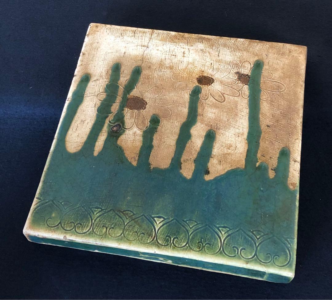 《R》茶道具 織部 敷板 陶板 桃山 木箱　260316A2