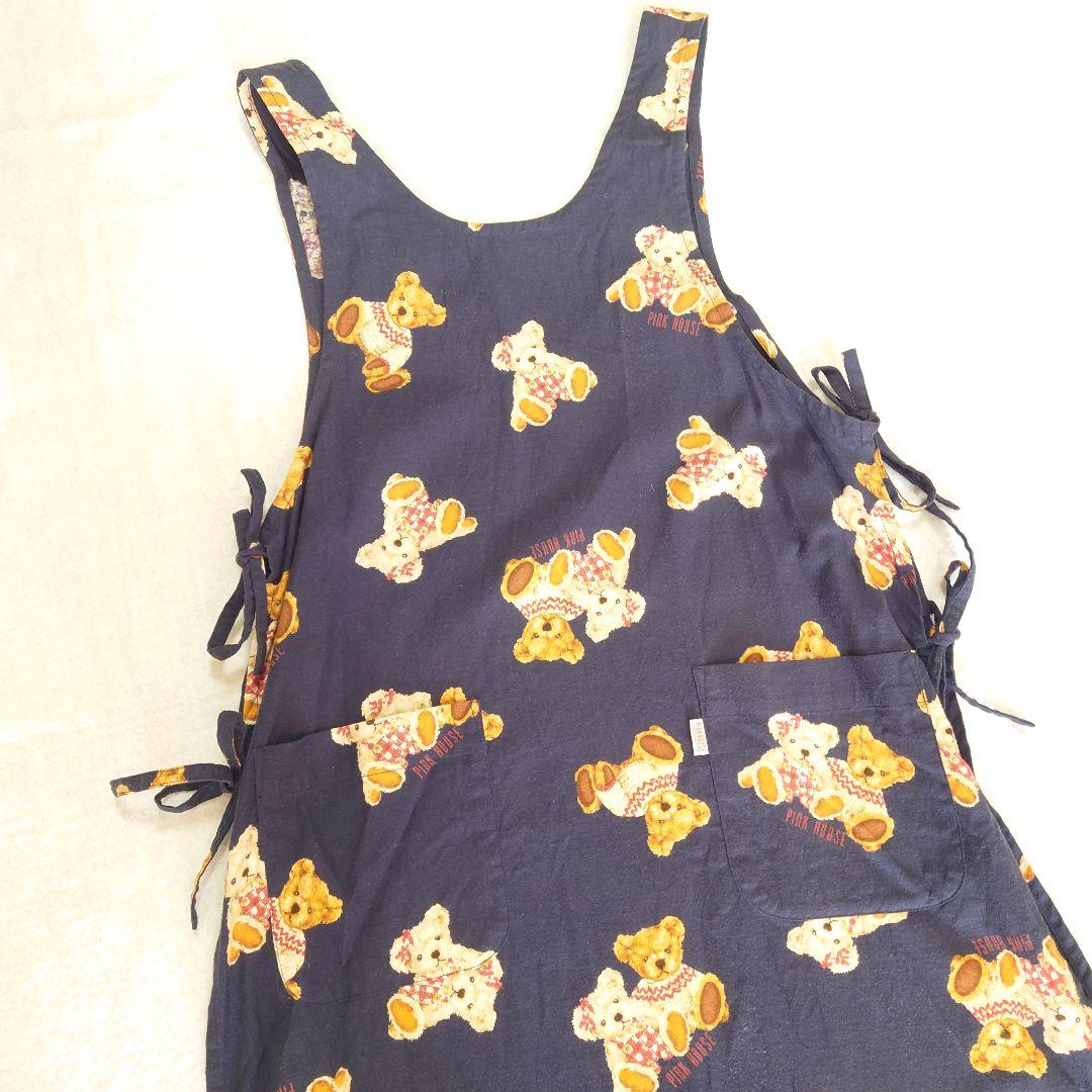 ピンクハウス　エプロン 　テディベア　ダークブルー　ロング丈