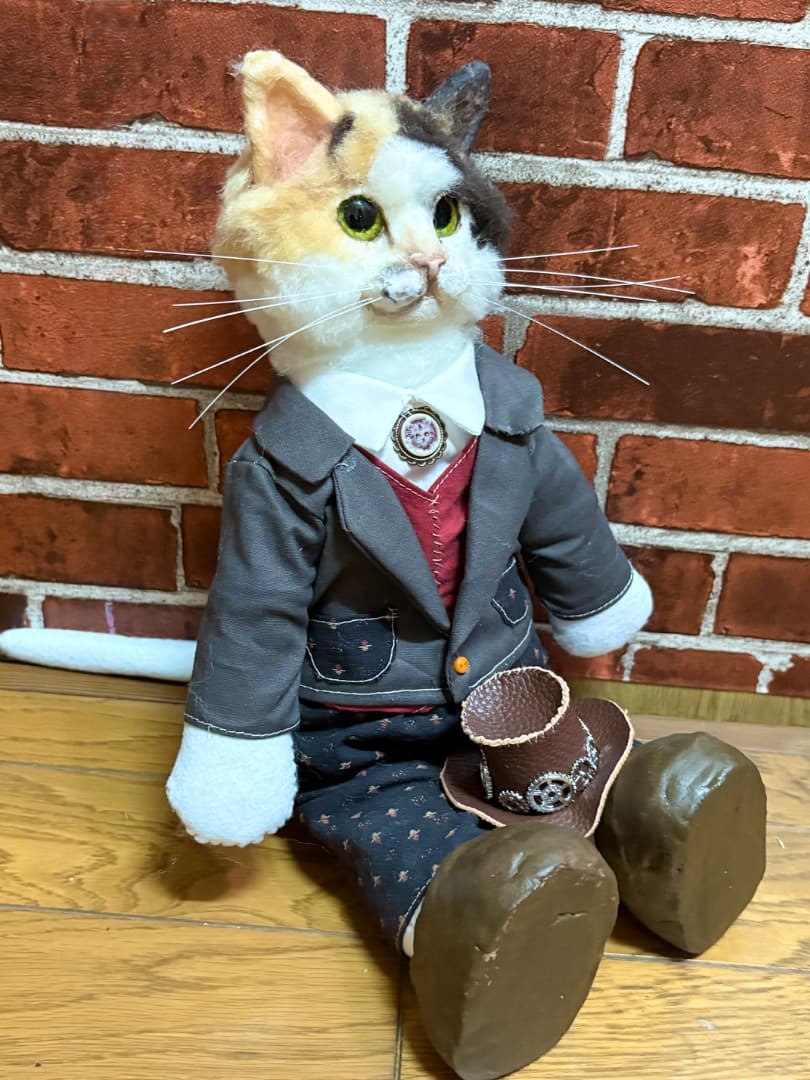 A猫 スチームパンク三毛猫アートドール【ハンドメイド 猫 ぬいぐるみ