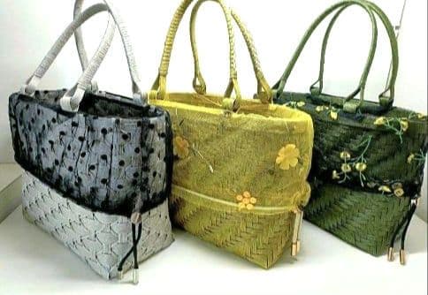 【２way】籠バック クラフトバンドバック グレー 黒レースドット 黒ファー