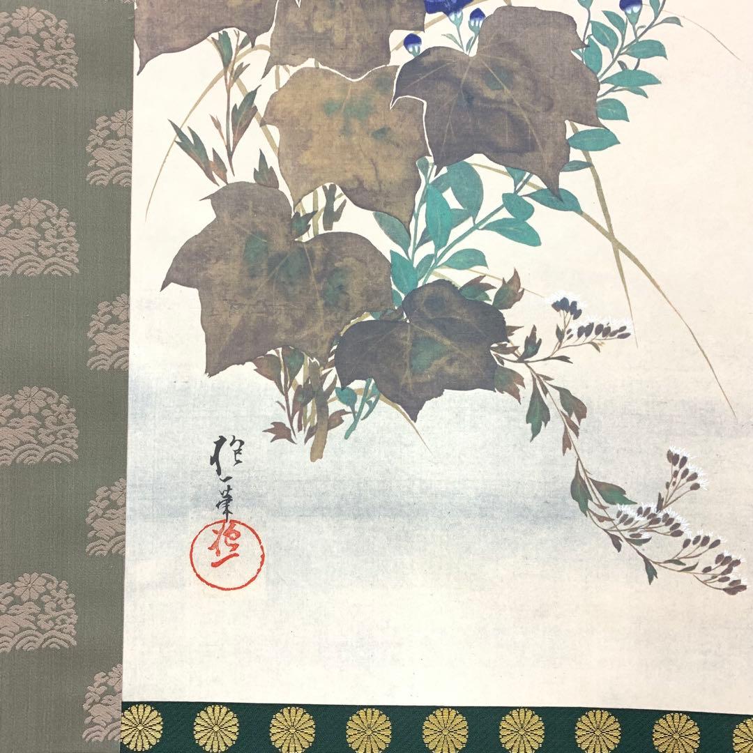 1-42 掛軸 酒井抱一 秋草螽斯図 木箱 工芸 印刷 花鳥図 9月