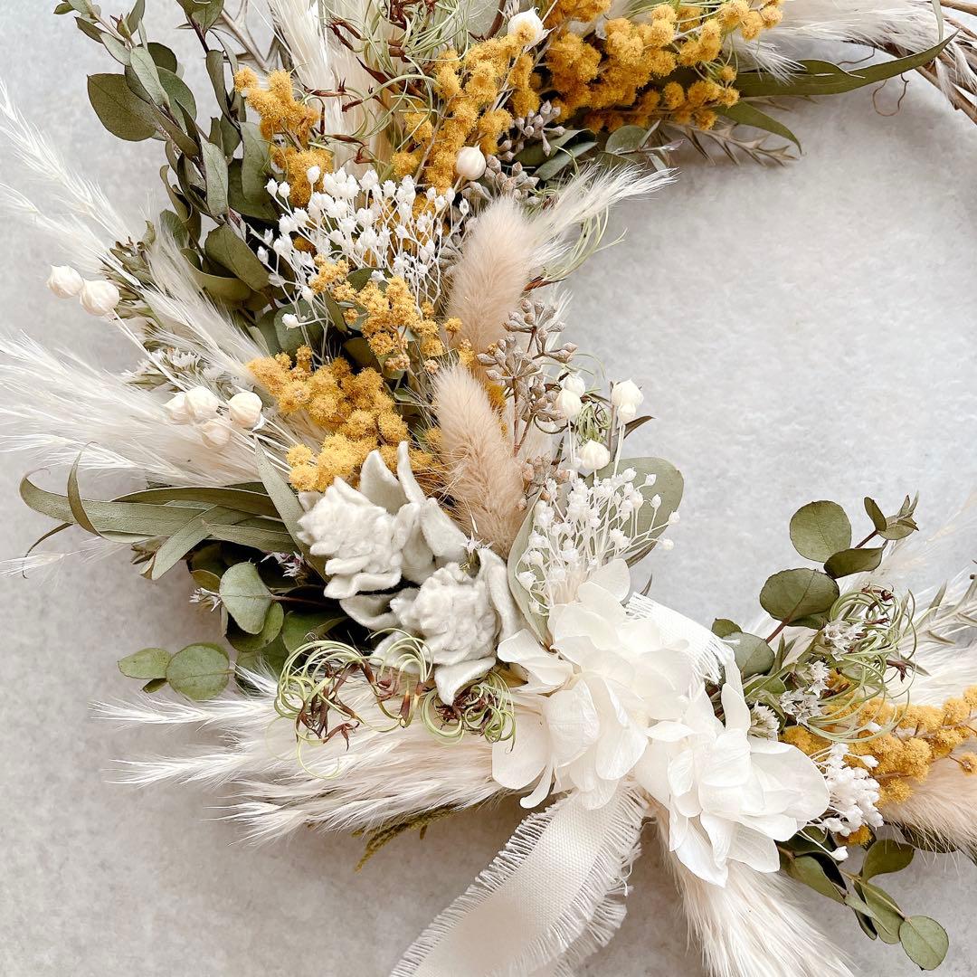 ミモザ　ユーカリ　ドライフラワー　リース　春　ハーフリース