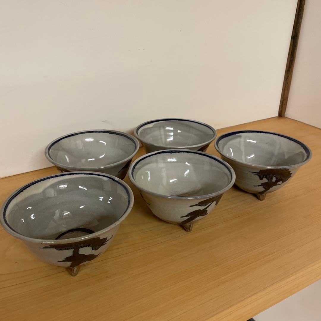 今井政之　粉引手松絵三足　鉢 揃　５客　共箱付き文化勲章を受章