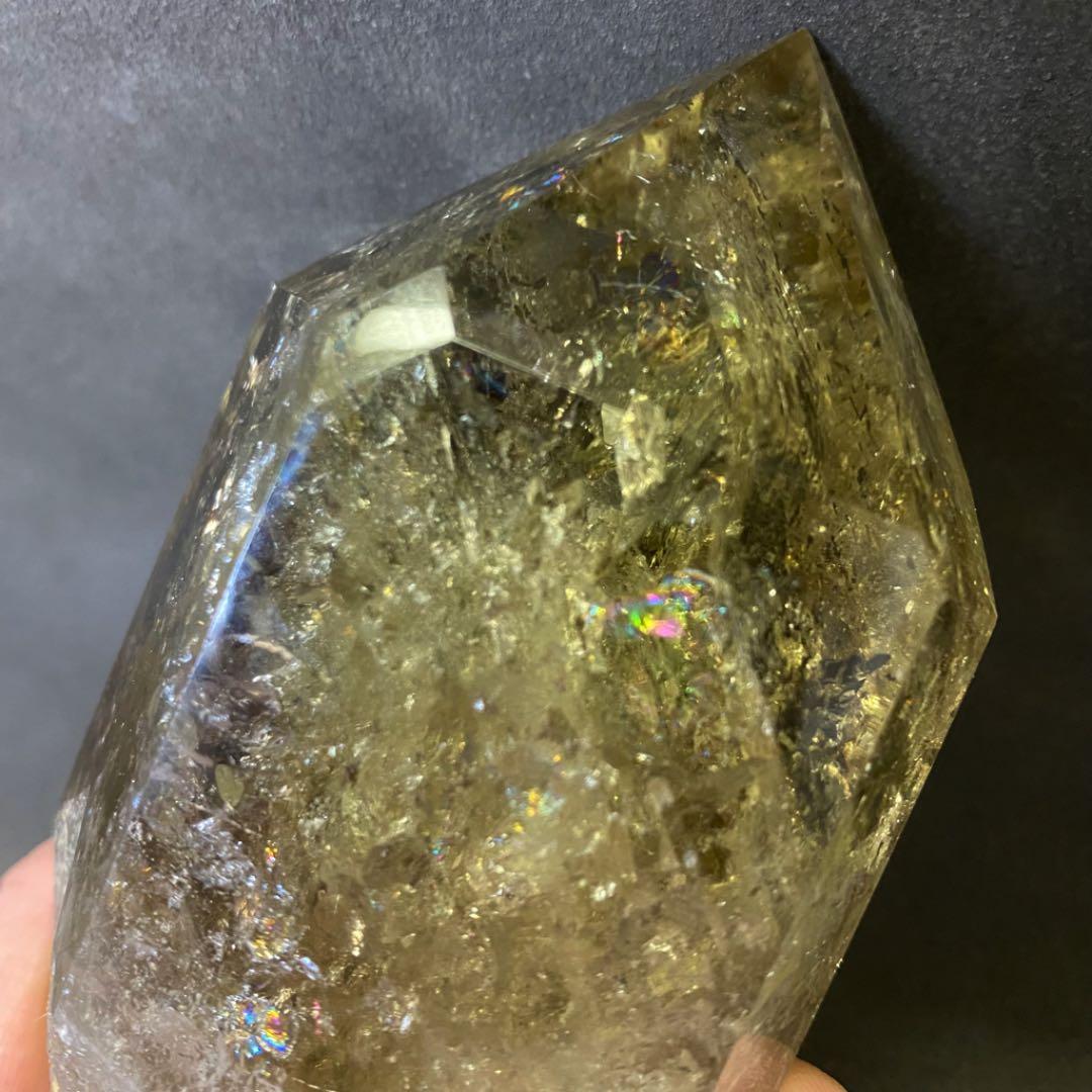 レインボー☆魔除 スモーキークォーツ水晶六角柱☆パワーストーン 天然石 A516