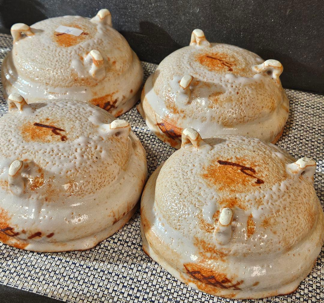 志野焼　水野輝幸 作　草文　向付　4客 共箱　茶道具　未使用品！　径14.4cm