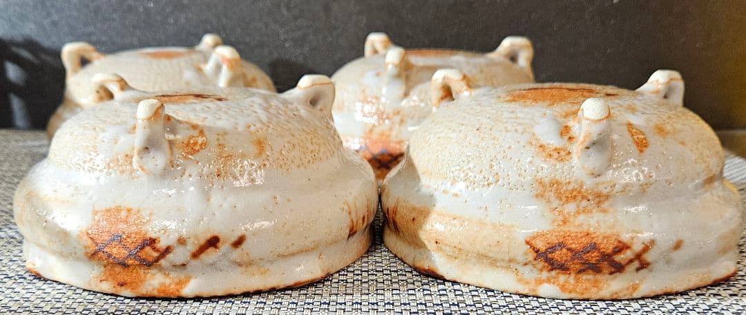 志野焼　水野輝幸 作　草文　向付　4客 共箱　茶道具　未使用品！　径14.4cm